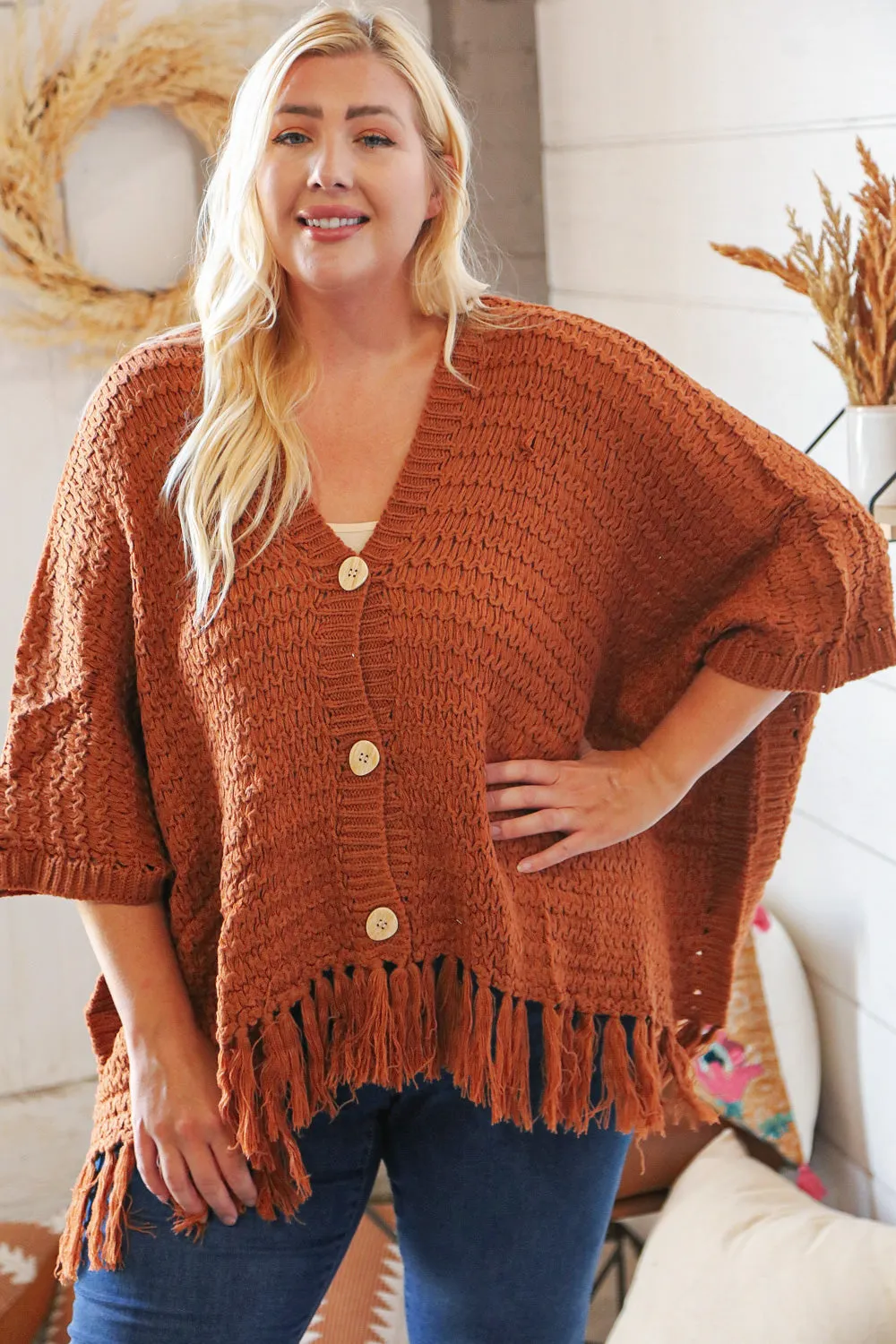 Rust V Neck Button Down Tassel Fringed Hem Poncho