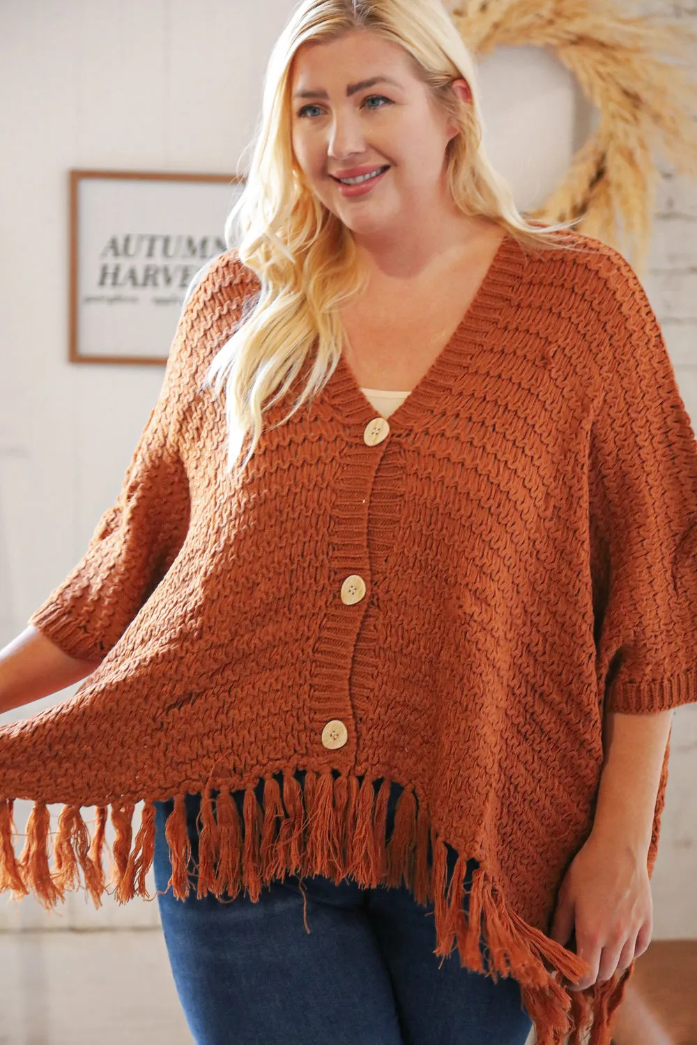 Rust V Neck Button Down Tassel Fringed Hem Poncho