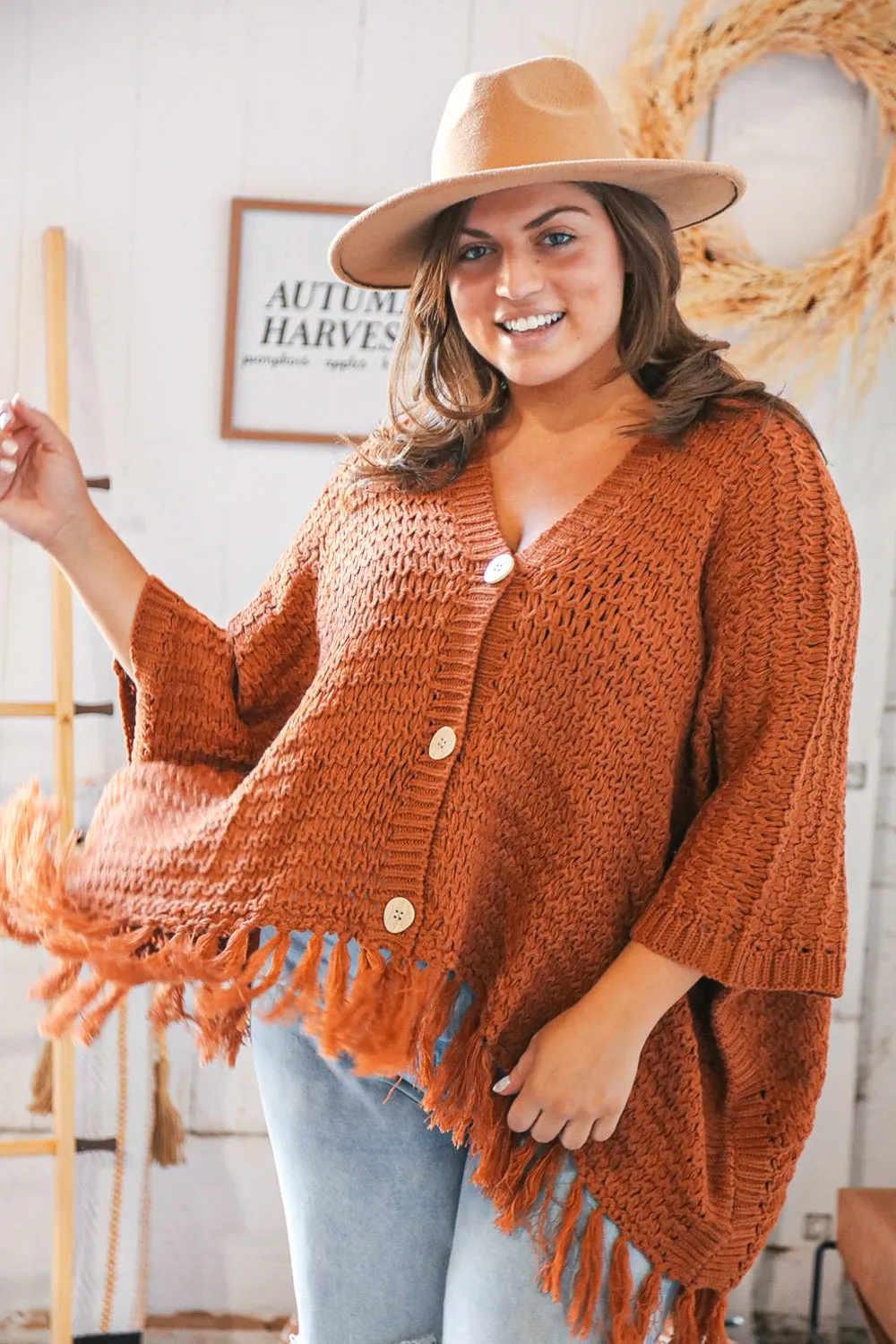 Rust V Neck Button Down Tassel Fringed Hem Poncho