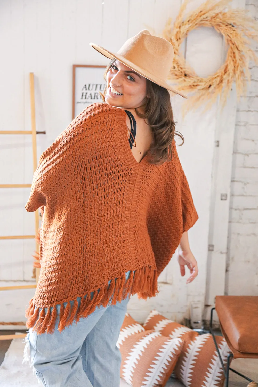 Rust V Neck Button Down Tassel Fringed Hem Poncho