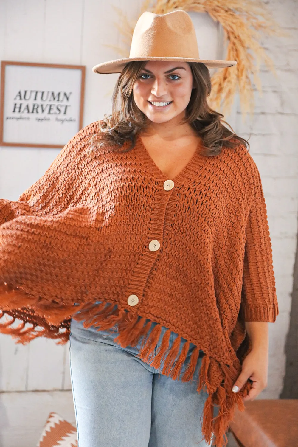 Rust V Neck Button Down Tassel Fringed Hem Poncho