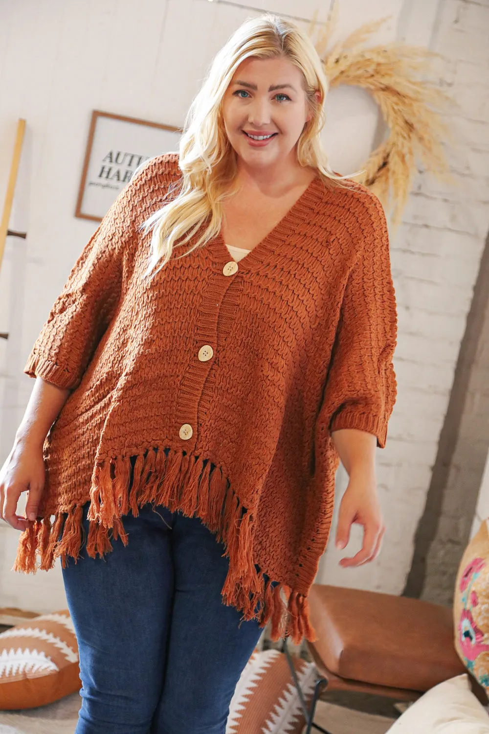 Rust V Neck Button Down Tassel Fringed Hem Poncho