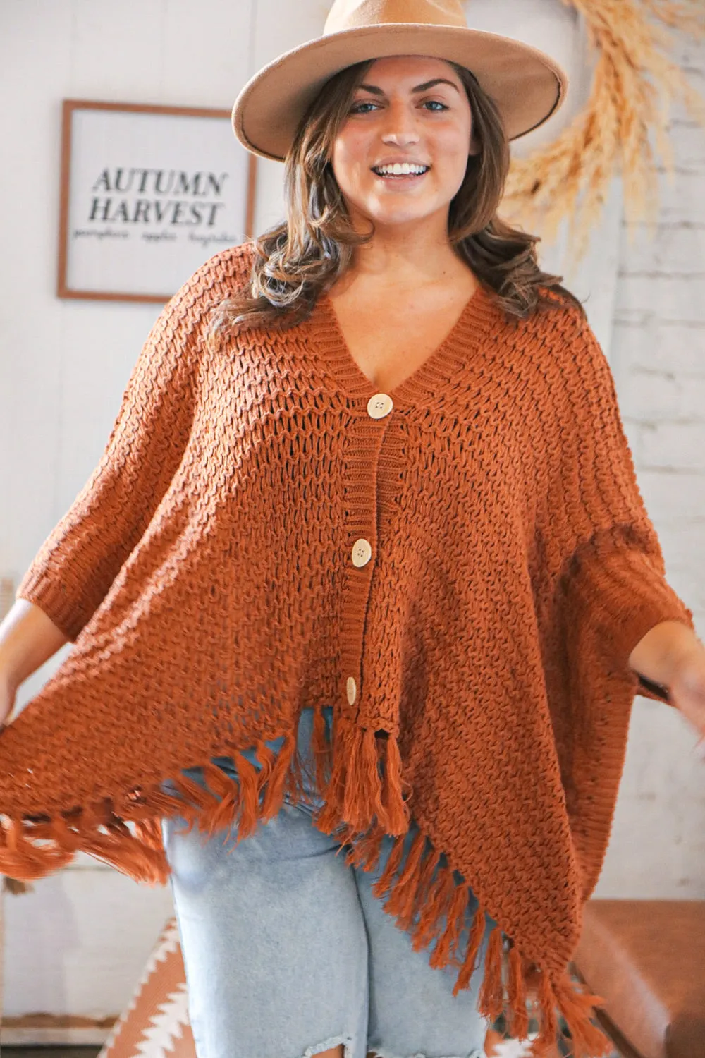 Rust V Neck Button Down Tassel Fringed Hem Poncho