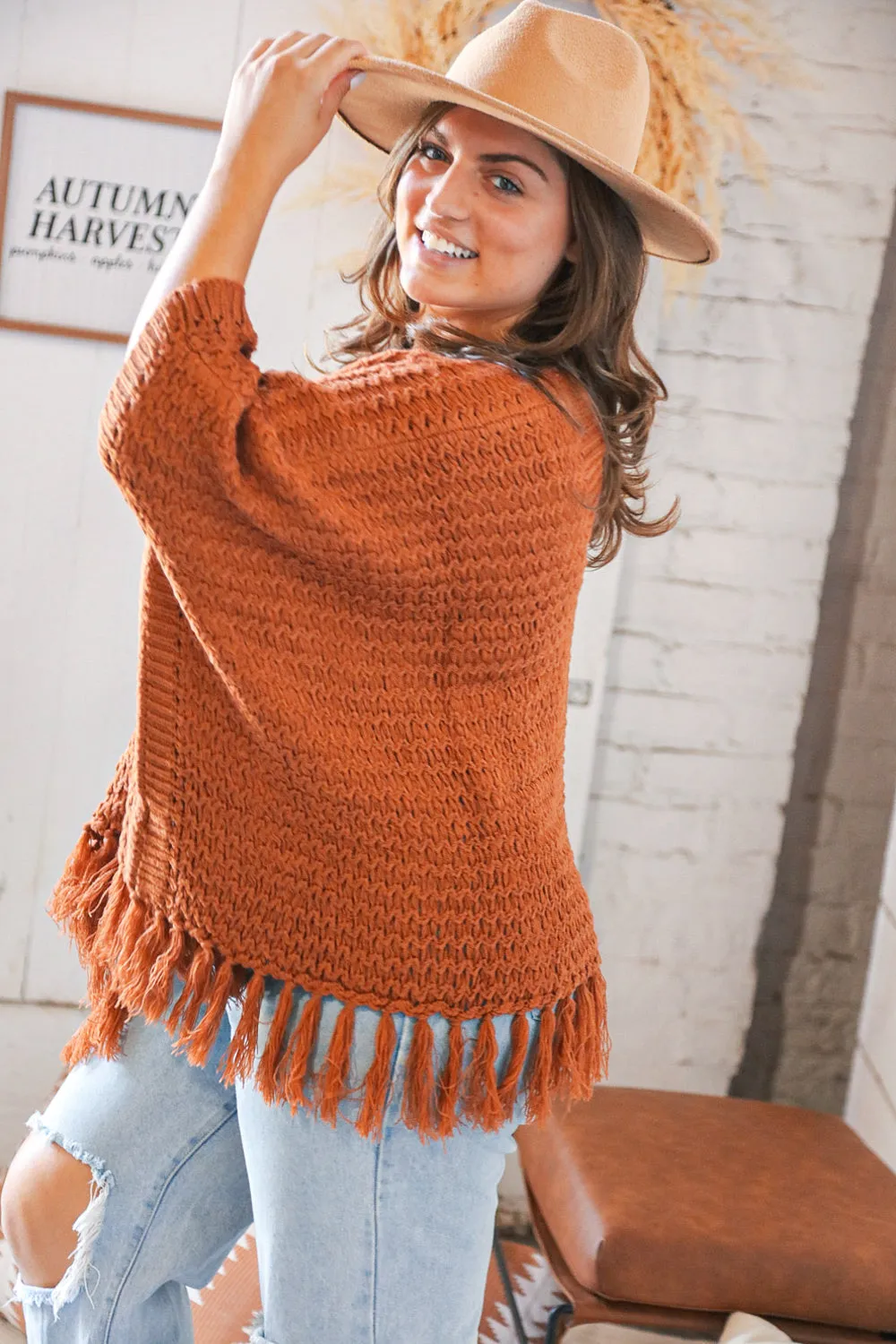 Rust V Neck Button Down Tassel Fringed Hem Poncho