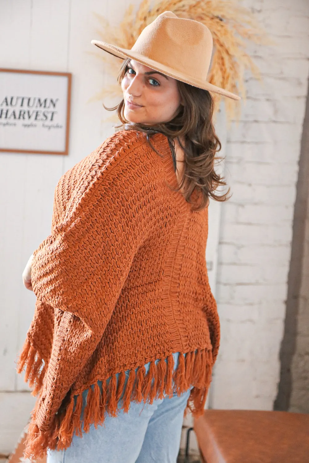 Rust V Neck Button Down Tassel Fringed Hem Poncho