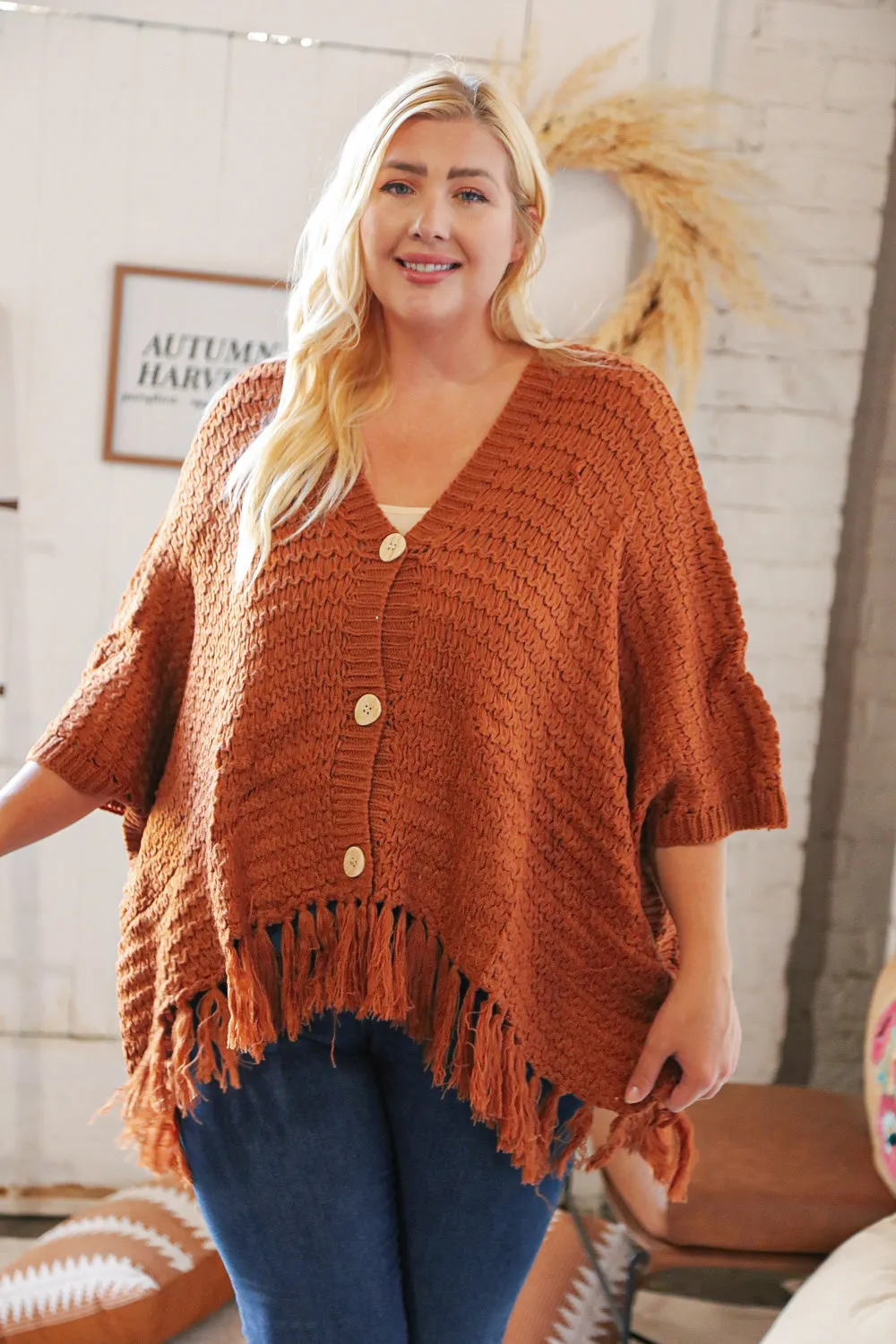 Rust V Neck Button Down Tassel Fringed Hem Poncho