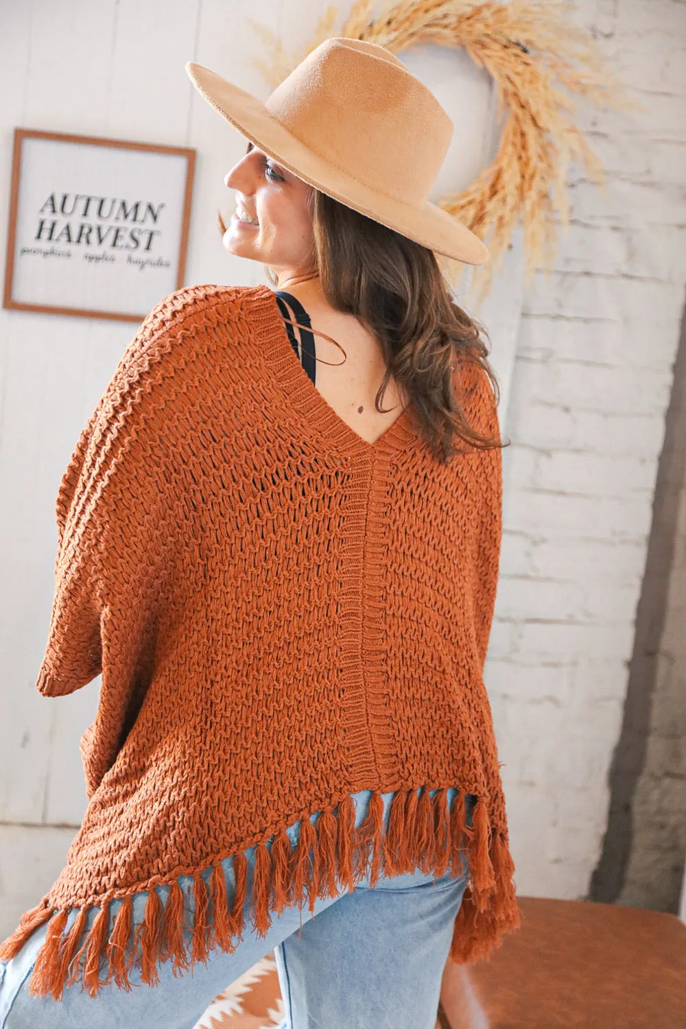 Rust V Neck Button Down Tassel Fringed Hem Poncho