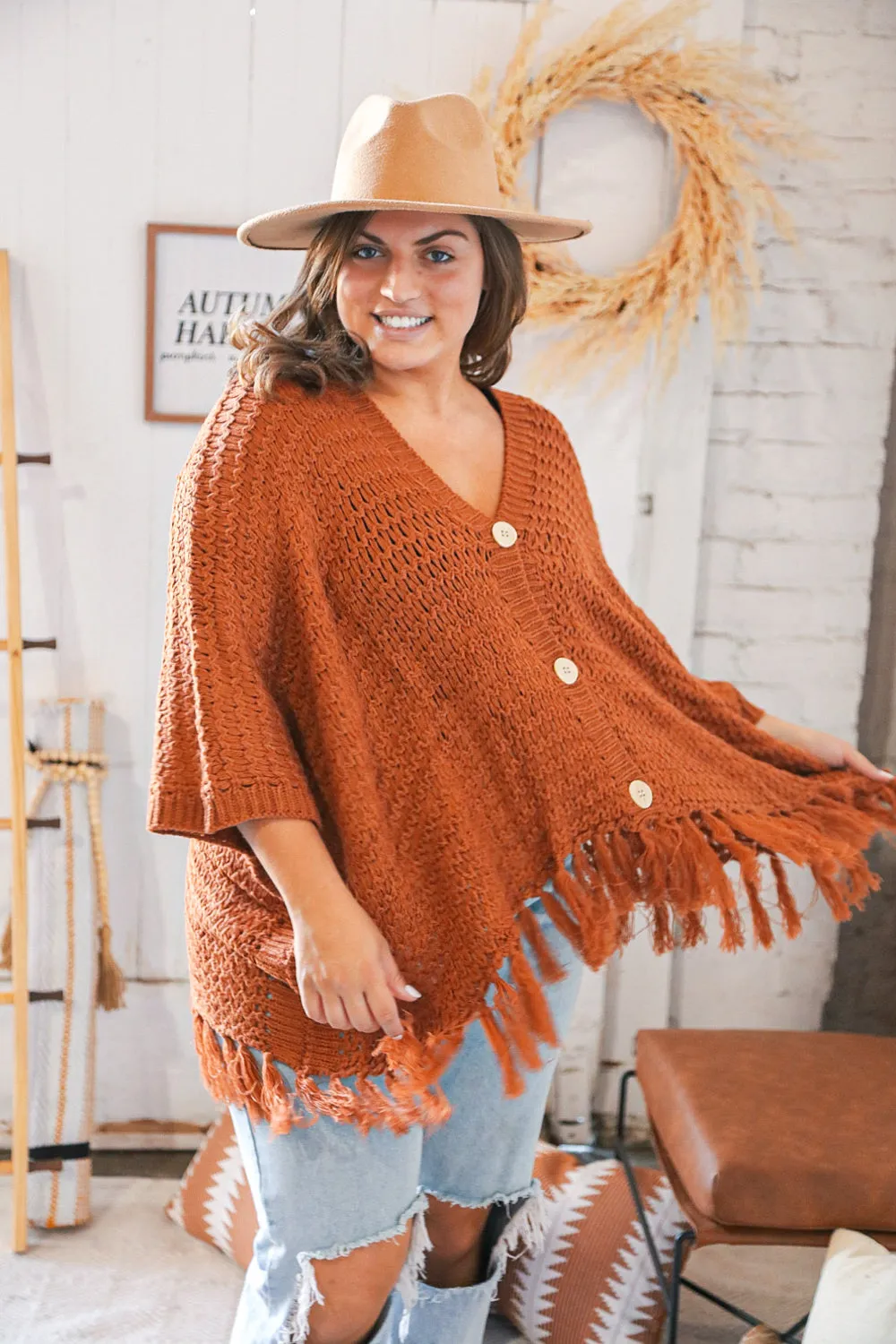 Rust V Neck Button Down Tassel Fringed Hem Poncho