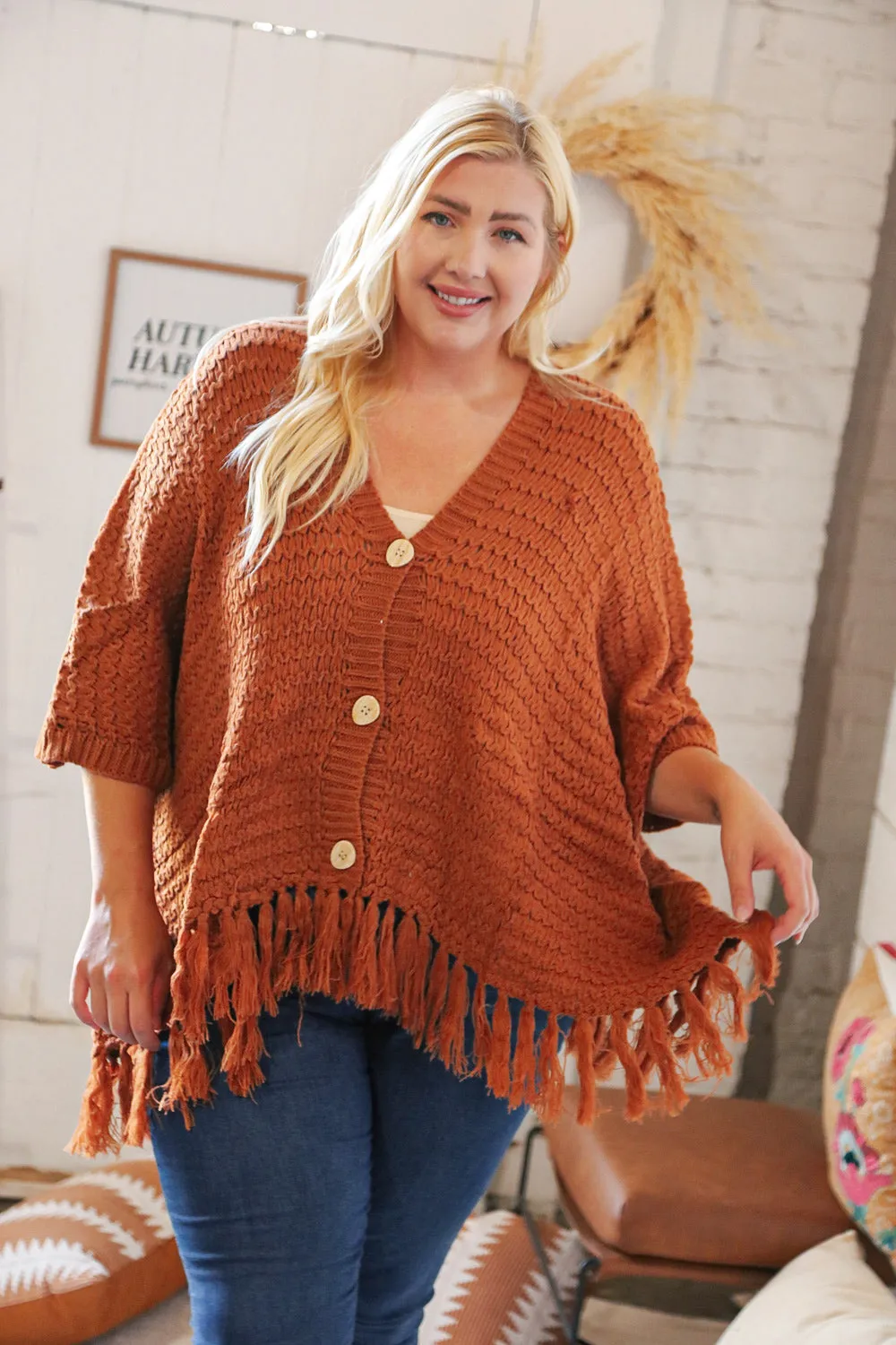 Rust V Neck Button Down Tassel Fringed Hem Poncho