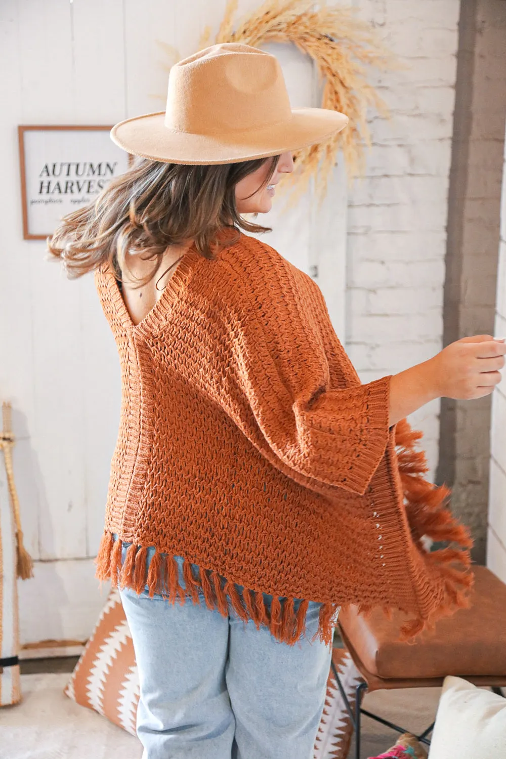 Rust V Neck Button Down Tassel Fringed Hem Poncho