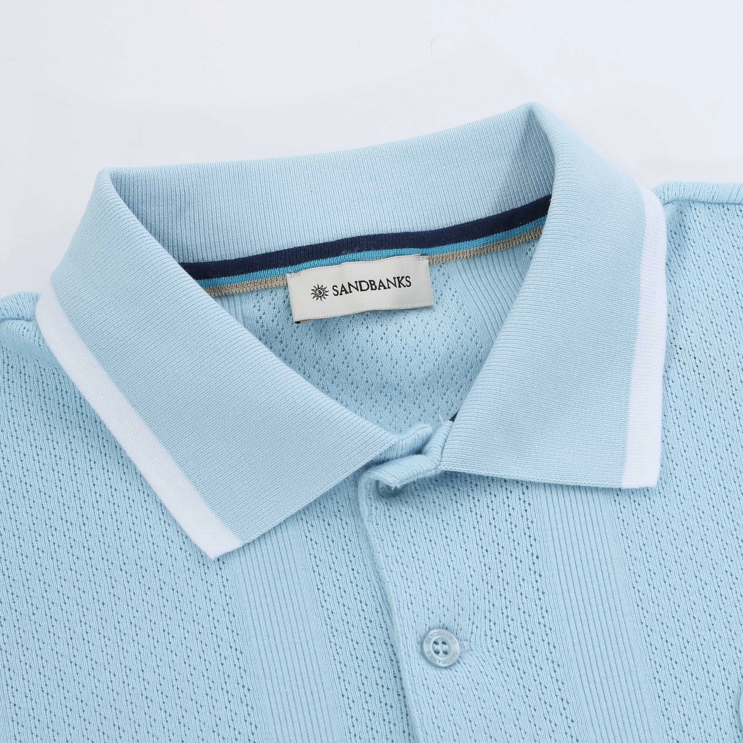 Sandbanks Jacquard Stripe Knit Polo Shirt in Crystal Blue