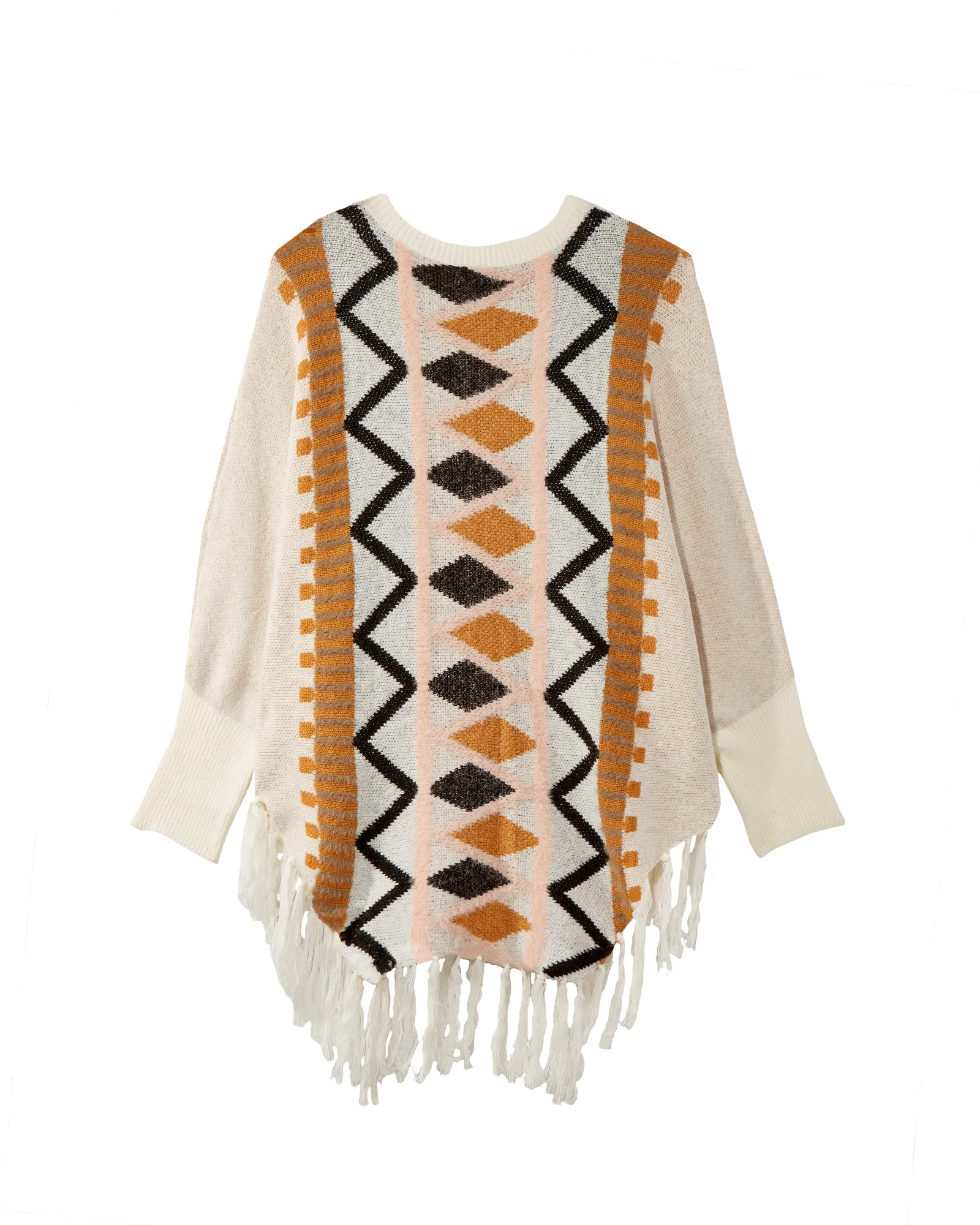 Selena Fringe Poncho | Ivory / Pink