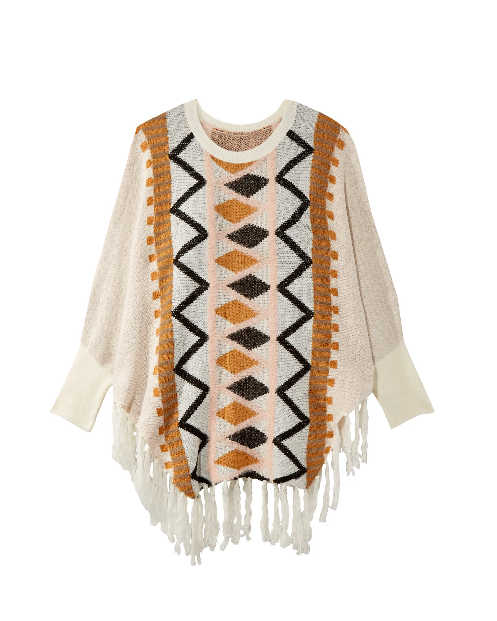 Selena Fringe Poncho | Ivory / Pink