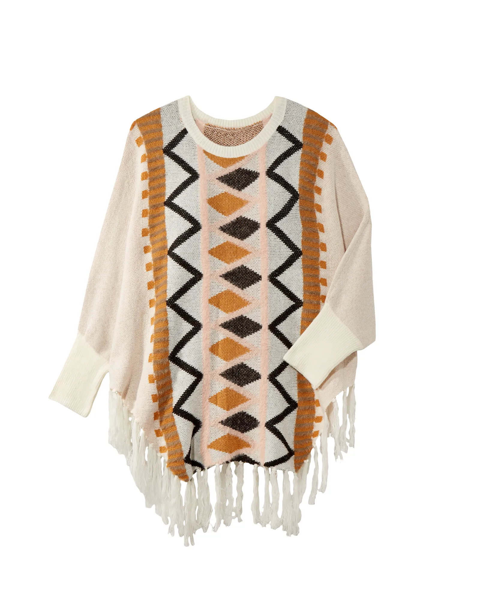 Selena Fringe Poncho | Ivory / Pink