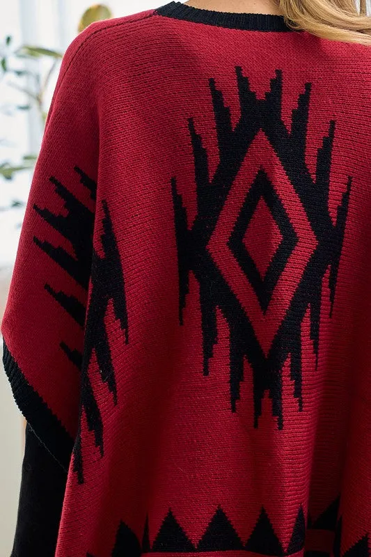 Shawl Wrap Poncho Aztec Pattern - Red Black