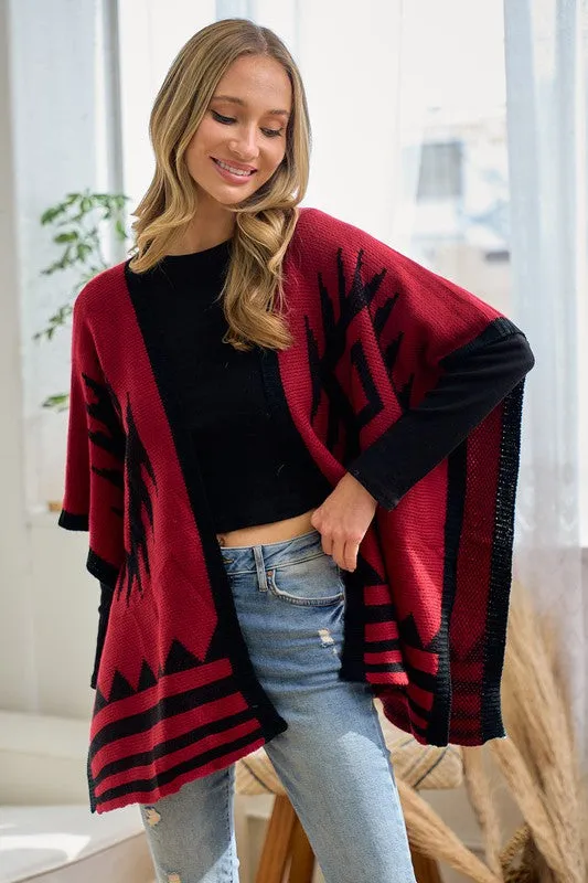 Shawl Wrap Poncho Aztec Pattern - Red Black