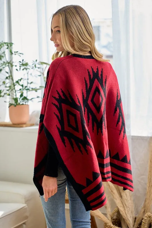 Shawl Wrap Poncho Aztec Pattern - Red Black