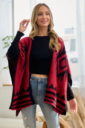 Shawl Wrap Poncho Aztec Pattern - Red Black