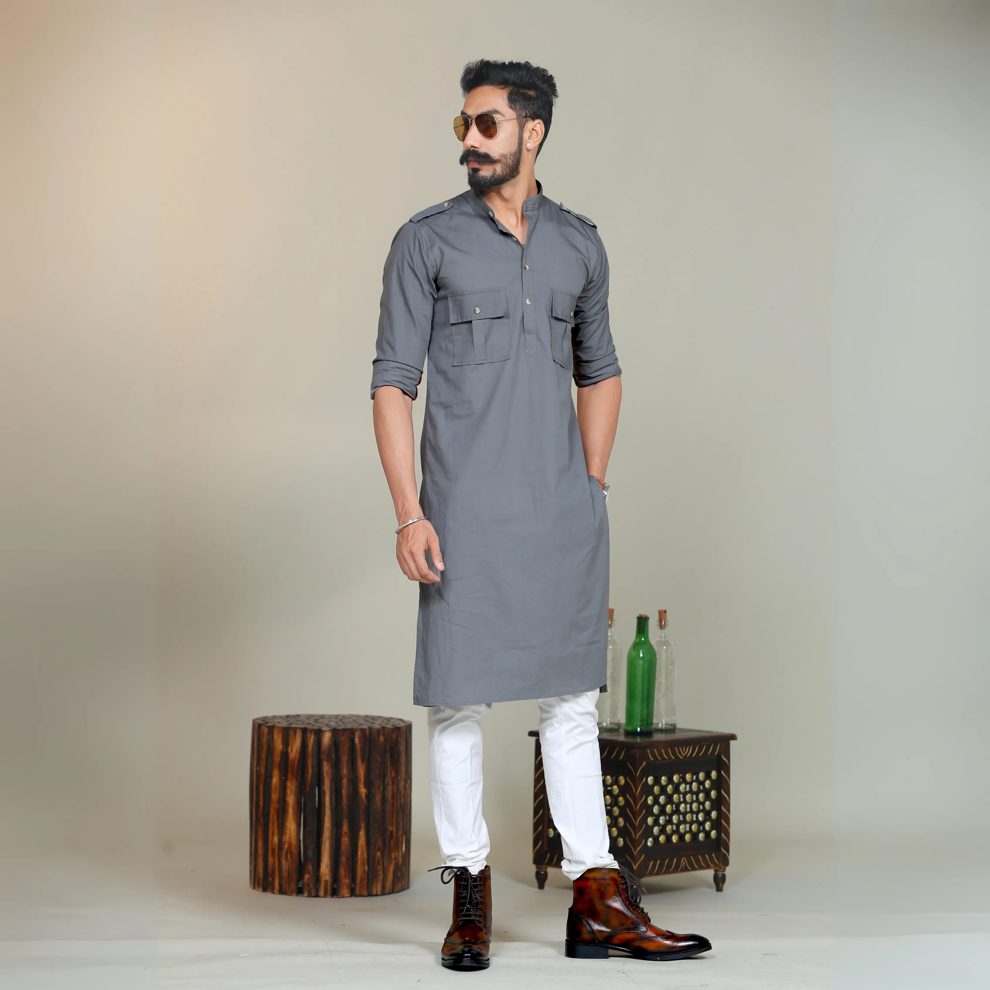 Steel Grey Short Collared Hunting Style Kurta Pajama Set