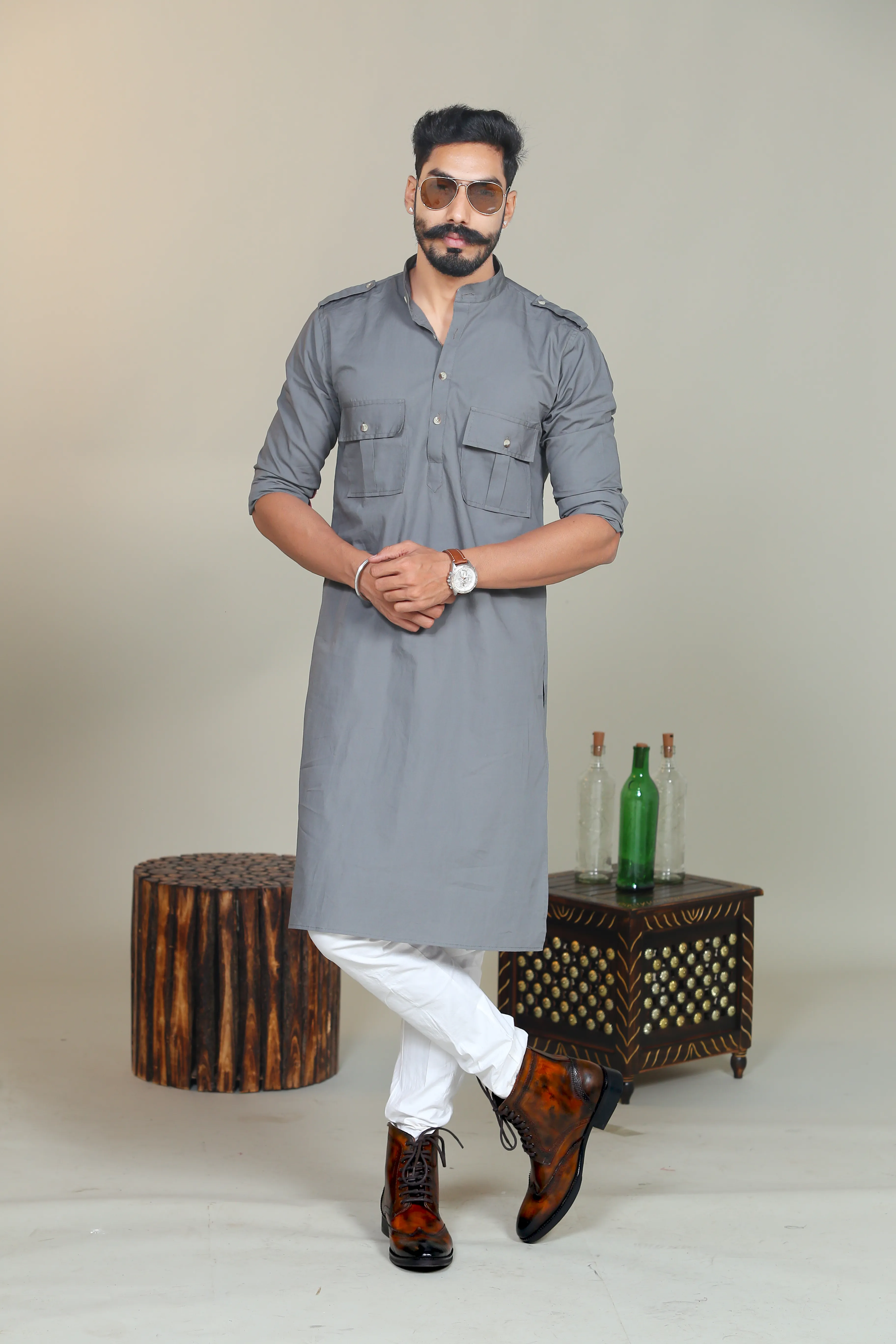 Steel Grey Short Collared Hunting Style Kurta Pajama Set