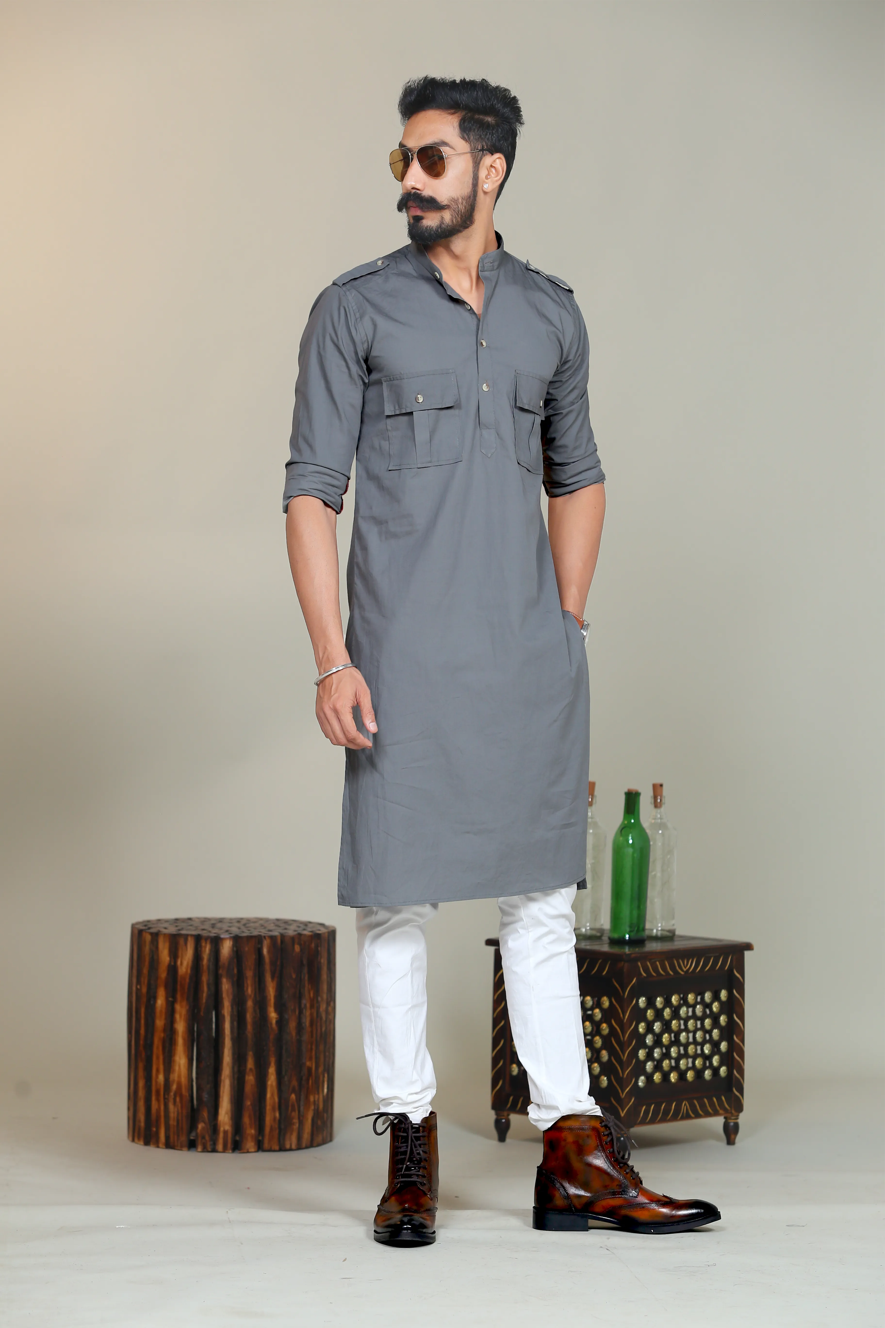 Steel Grey Short Collared Hunting Style Kurta Pajama Set