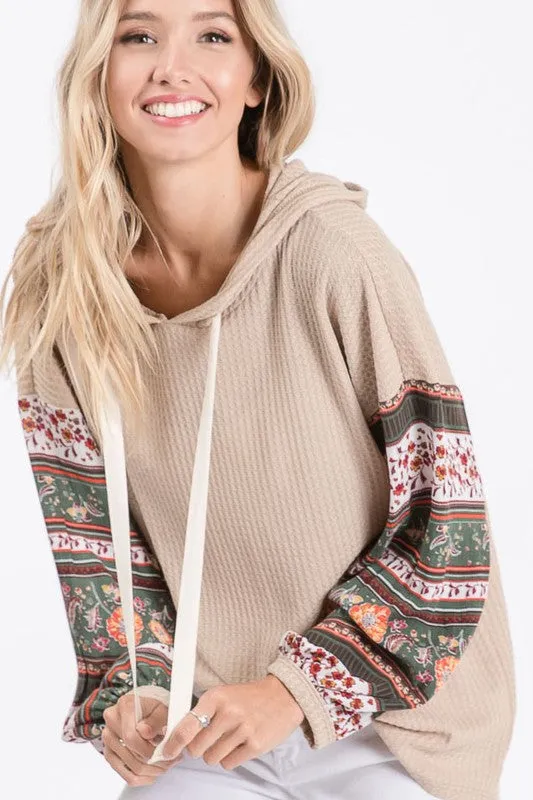 Taupe Boho Print Sleeve Thermal Waffle Hoodie Shirt Casual Womens