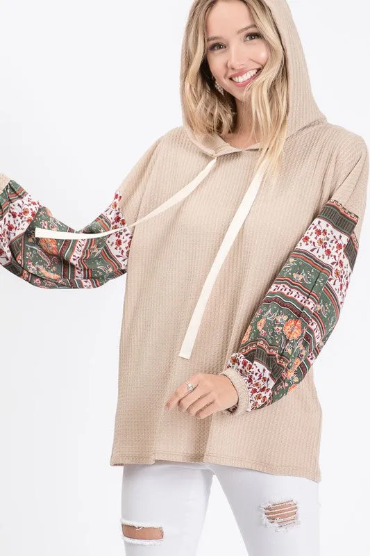 Taupe Boho Print Sleeve Thermal Waffle Hoodie Shirt Casual Womens