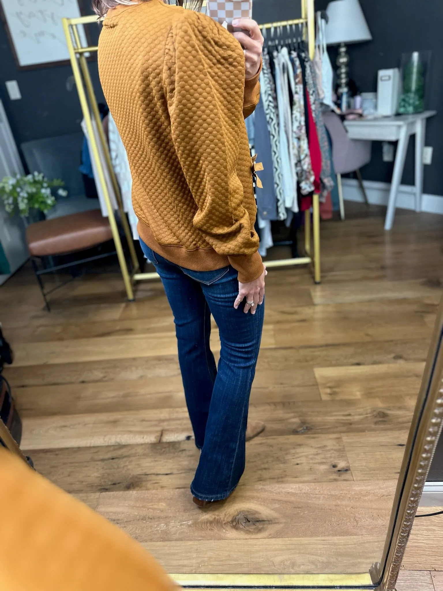 Tied Together Quilted Bow-Detail Crew Top - Toffee