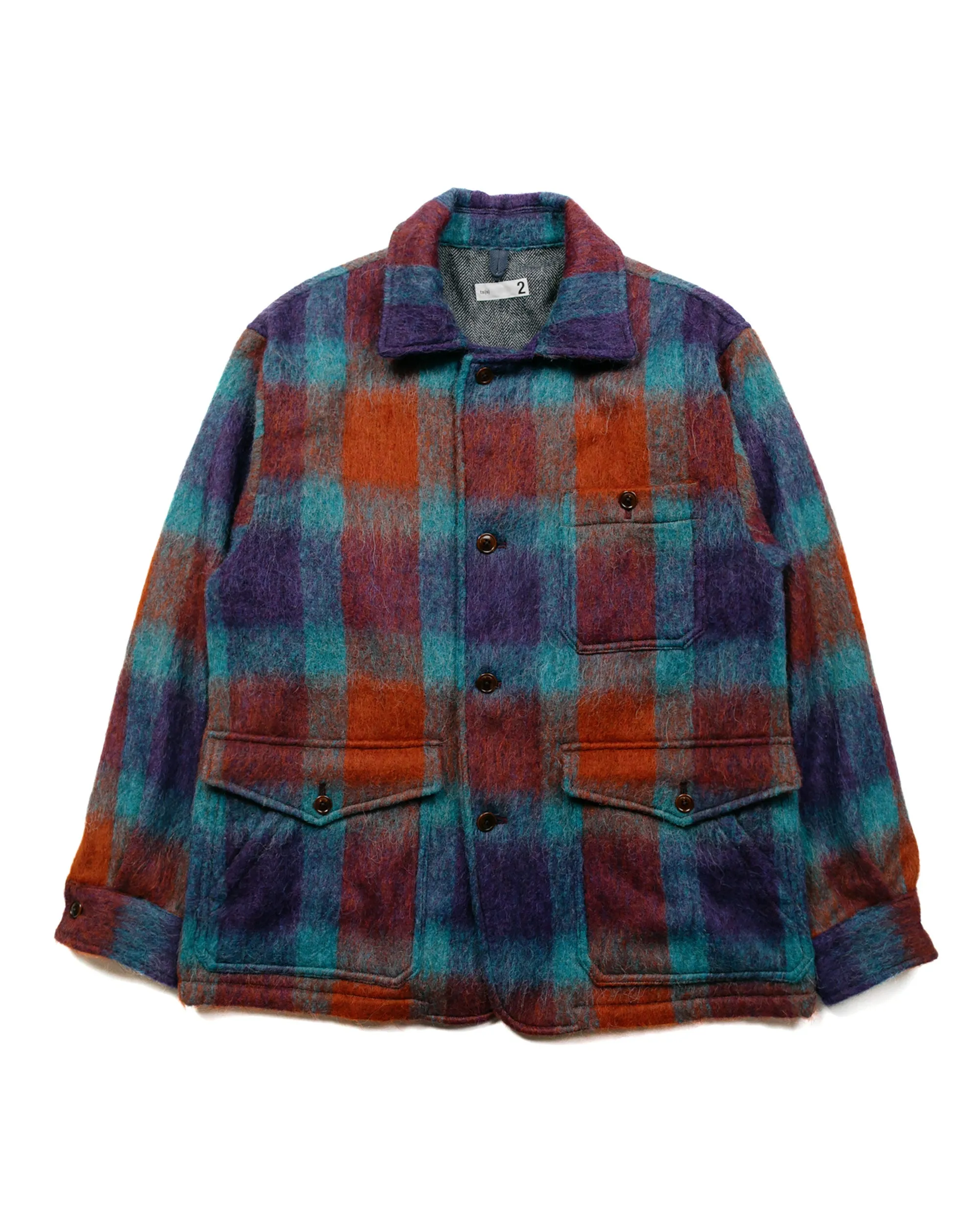 ts(s) Bird Watching Jacket Large Plaid Wool Blend Shaggy Cloth Purple/Red/Blue