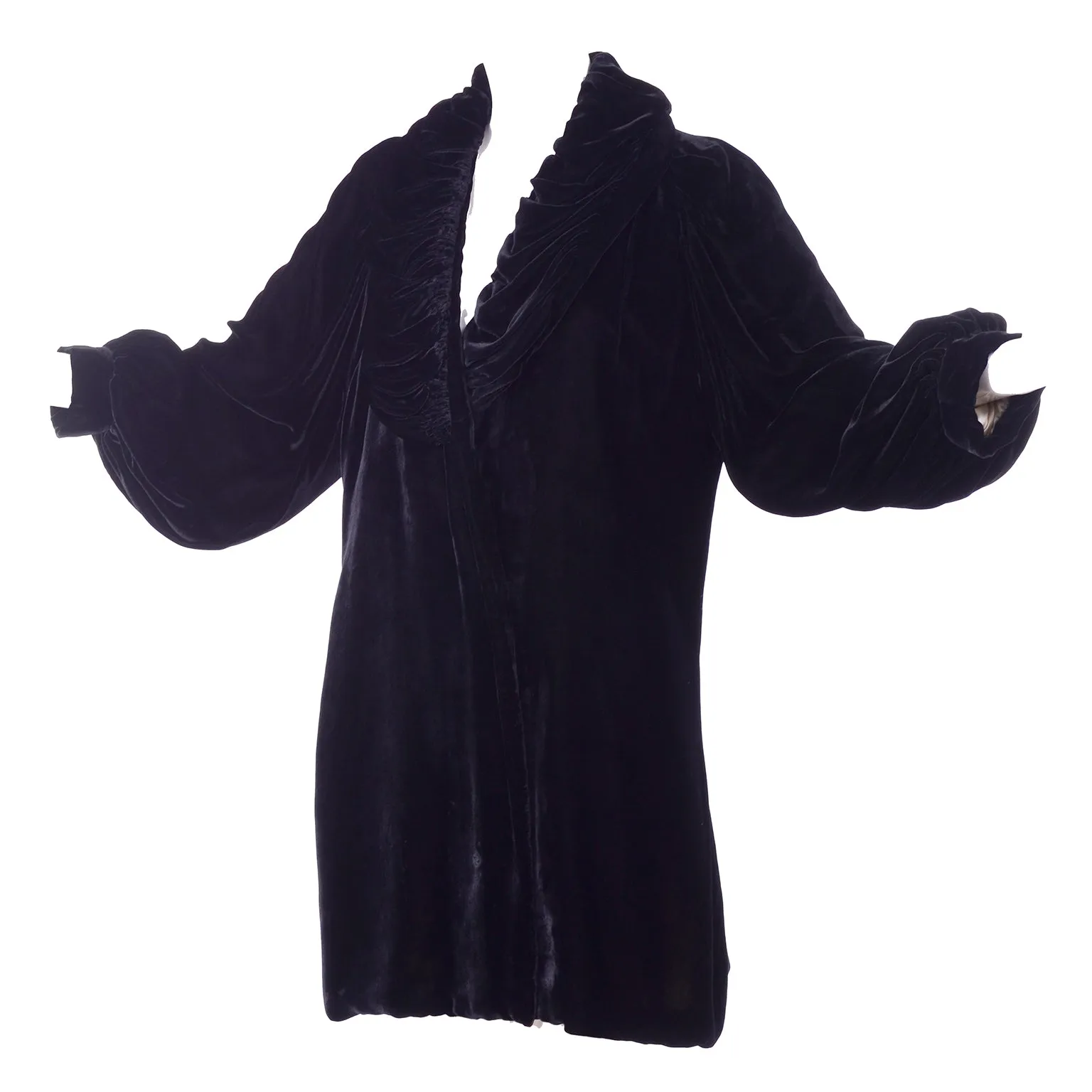 Vintage 1910s Black Velvet Evening Coat W/ Gathered Collar & Puff Sleeves