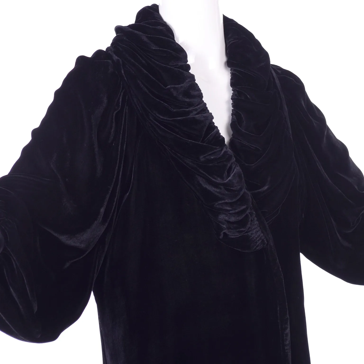 Vintage 1910s Black Velvet Evening Coat W/ Gathered Collar & Puff Sleeves