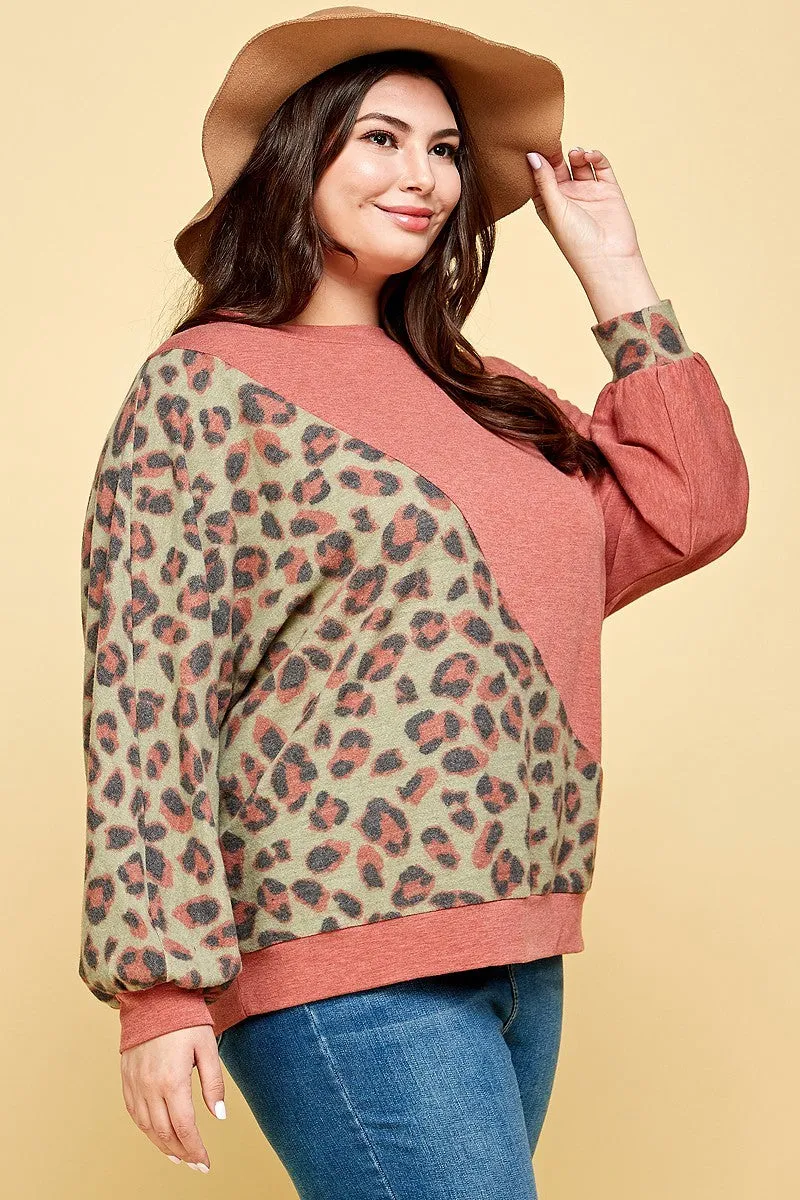 Voluptuous ( ) Plus Size Cute Animal French Terry Brush Contrast Print Pullover