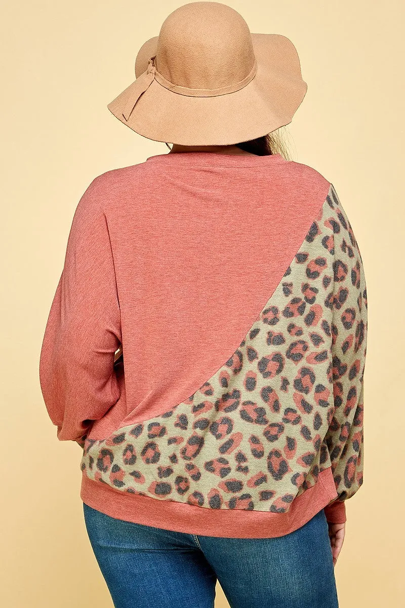 Voluptuous ( ) Plus Size Cute Animal French Terry Brush Contrast Print Pullover