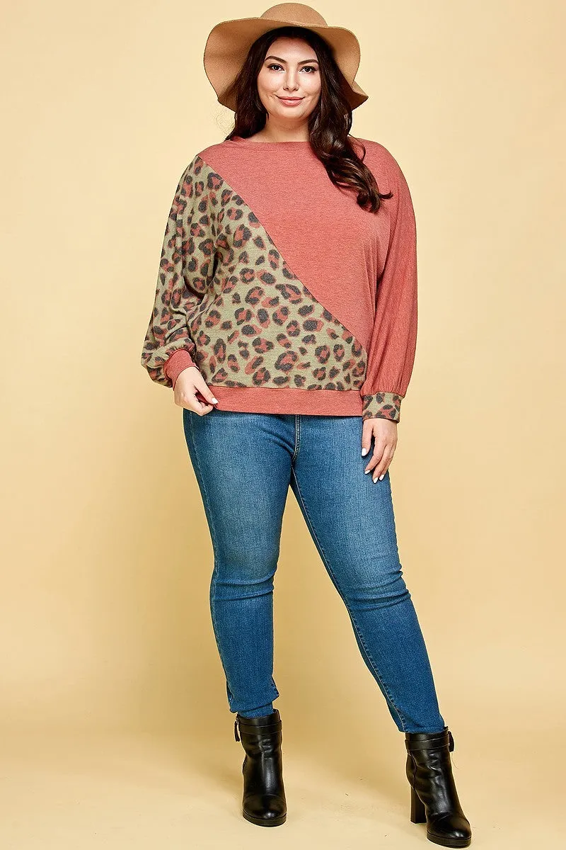 Voluptuous ( ) Plus Size Cute Animal French Terry Brush Contrast Print Pullover