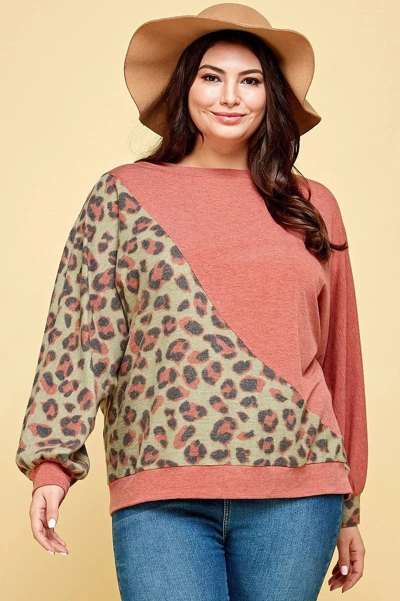 Voluptuous ( ) Plus Size Cute Animal French Terry Brush Contrast Print Pullover