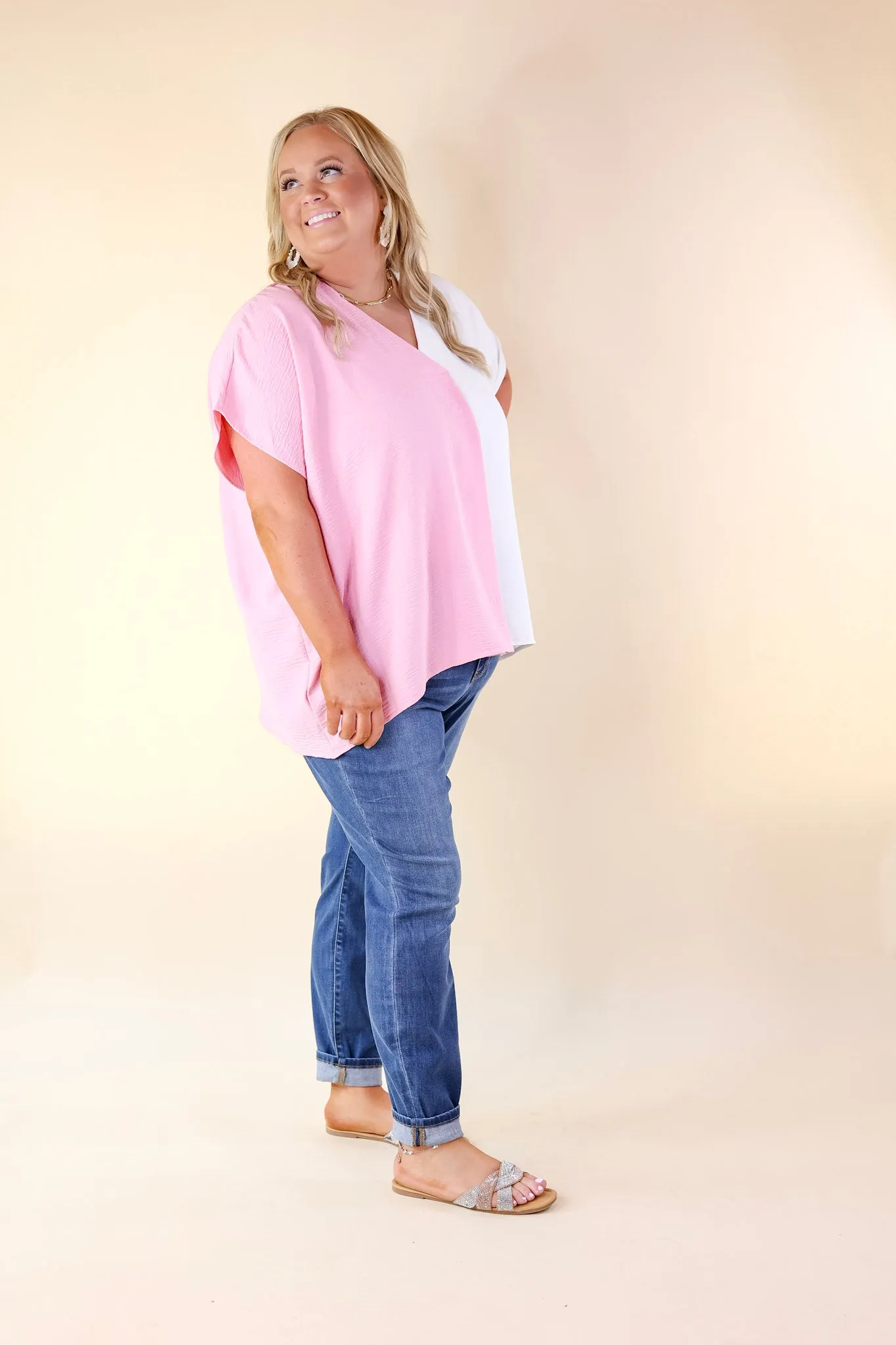 Weekend Out V Neck Placket Color Block Short Sleeve Top in Ivory and Pink