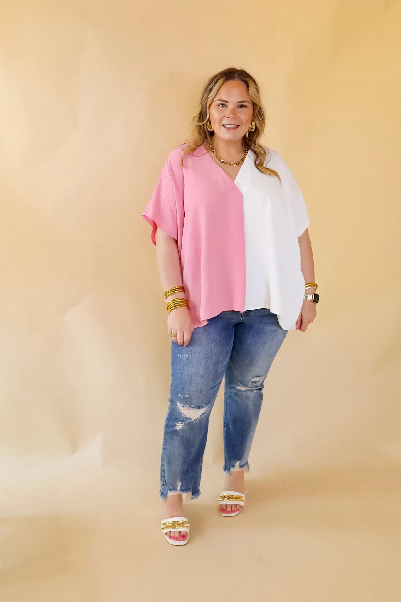 Weekend Out V Neck Placket Color Block Short Sleeve Top in Ivory and Pink