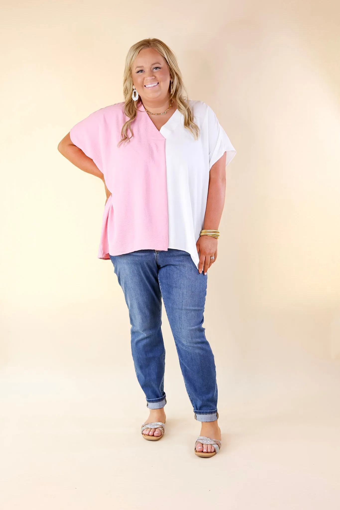 Weekend Out V Neck Placket Color Block Short Sleeve Top in Ivory and Pink