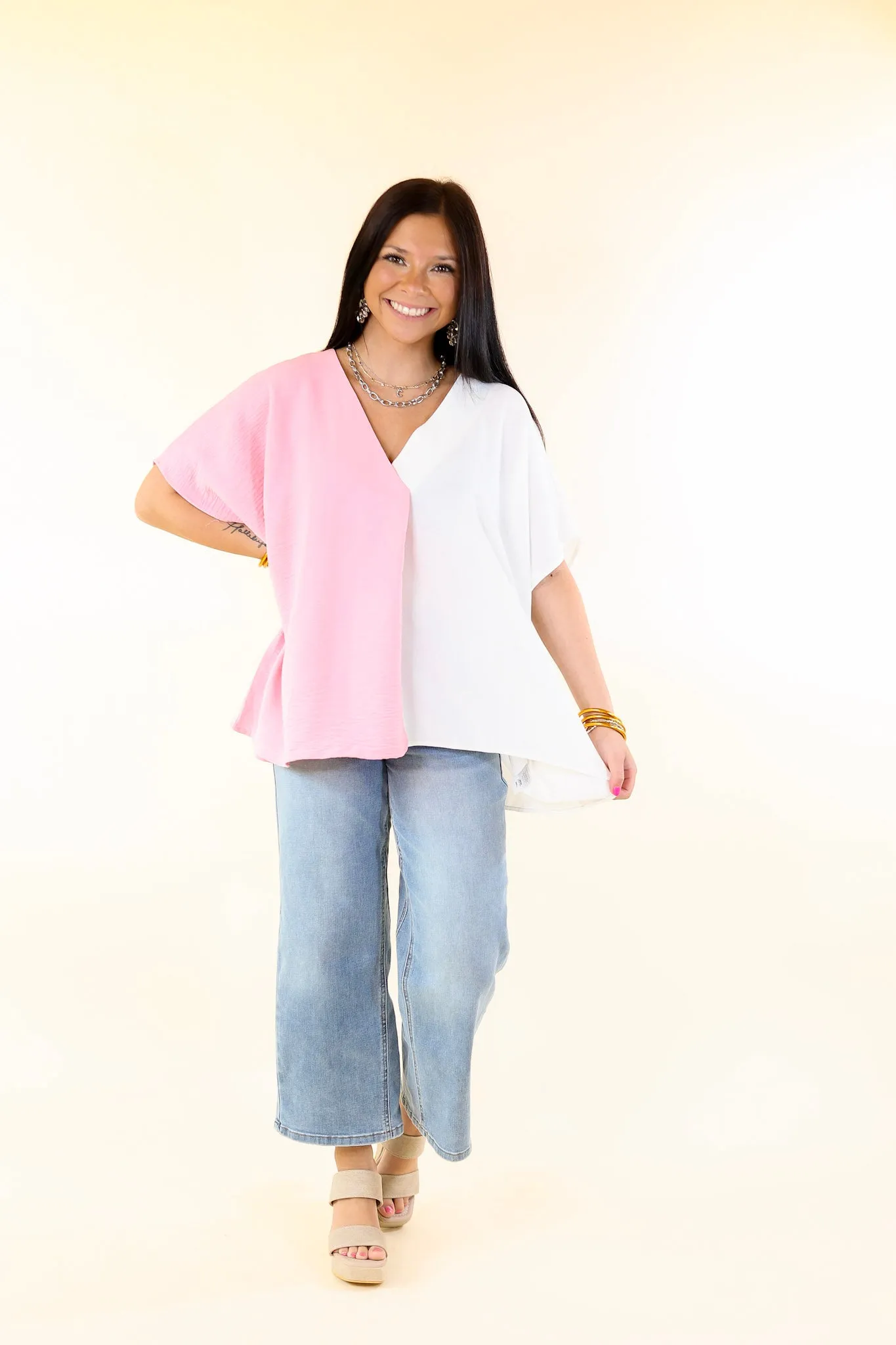 Weekend Out V Neck Placket Color Block Short Sleeve Top in Ivory and Pink