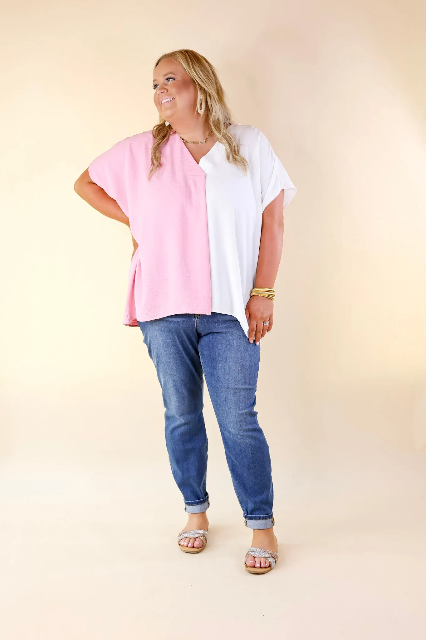 Weekend Out V Neck Placket Color Block Short Sleeve Top in Ivory and Pink