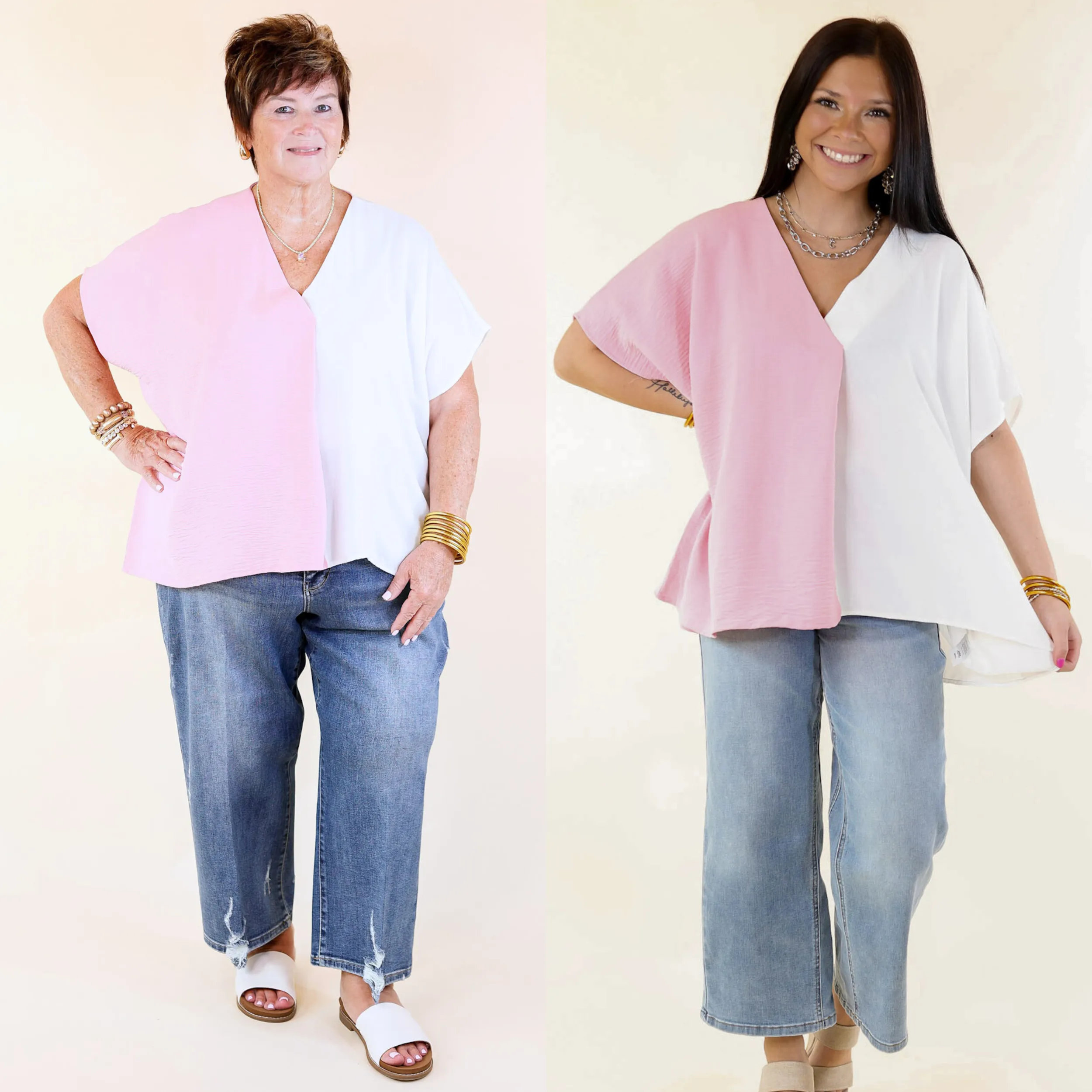 Weekend Out V Neck Placket Color Block Short Sleeve Top in Ivory and Pink