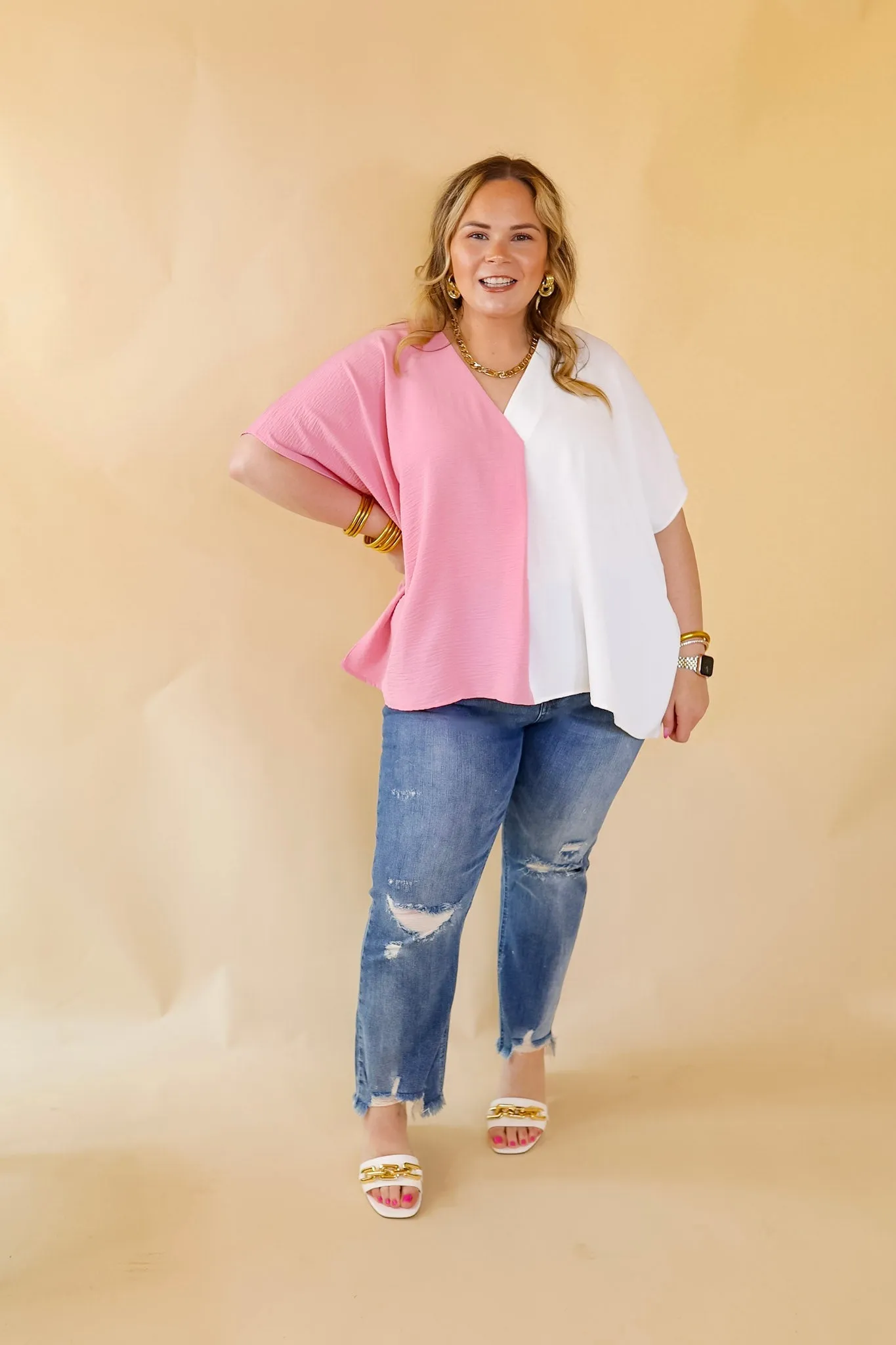 Weekend Out V Neck Placket Color Block Short Sleeve Top in Ivory and Pink