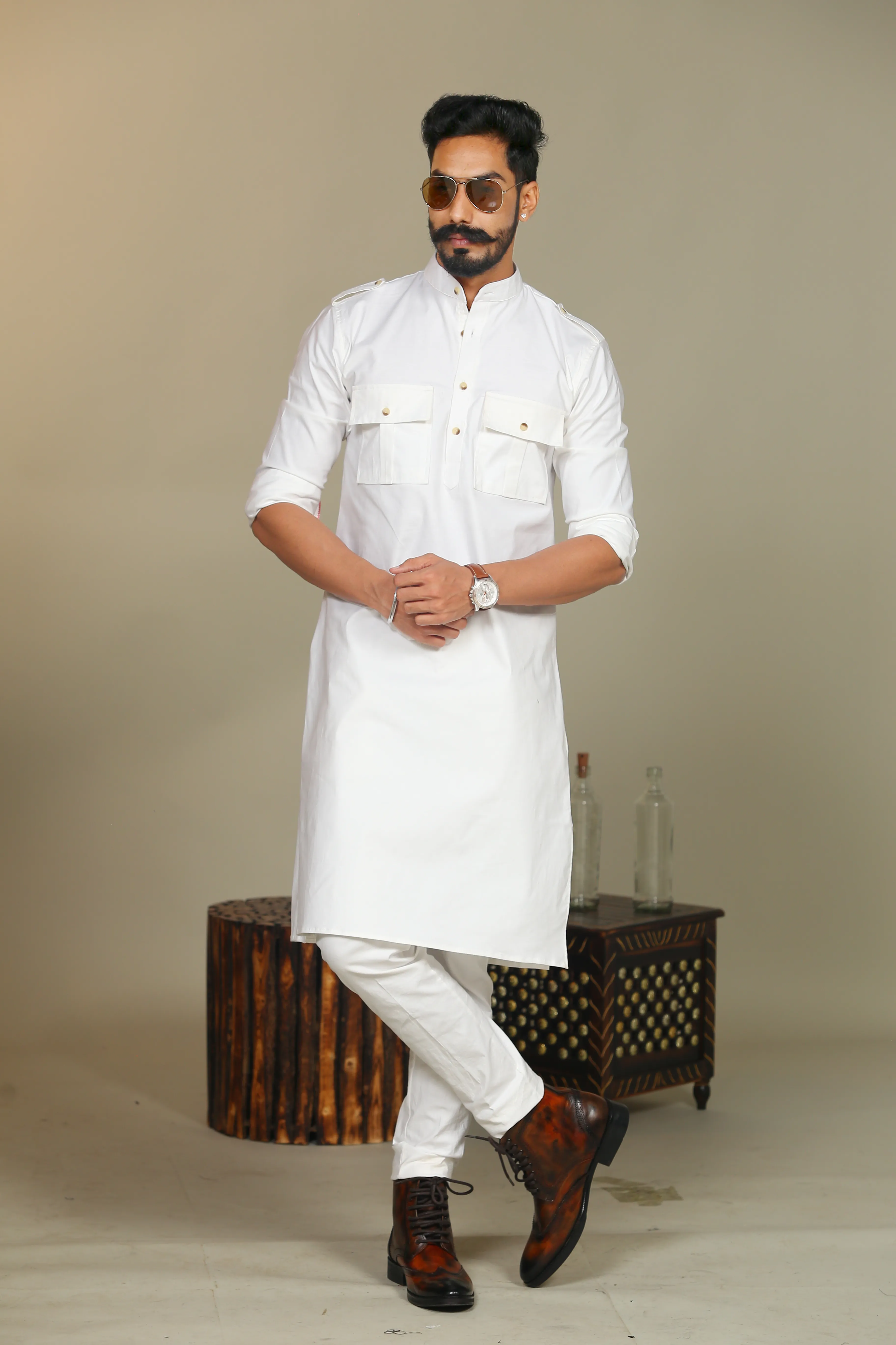 White Short Collared Hunting Style Kurta only