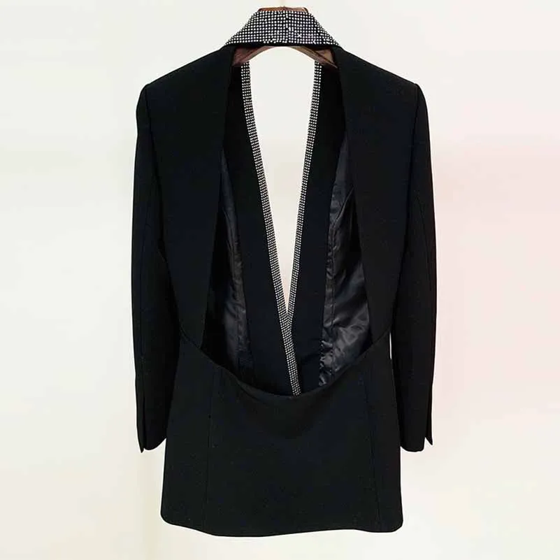 Women Deep V Rhinestone Blazer in Black Backless Coat Dress