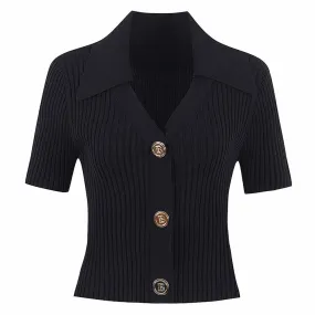 Women Knit Short Sleeves Cropped Top Knitted Cardigan Buttons Black Sweater