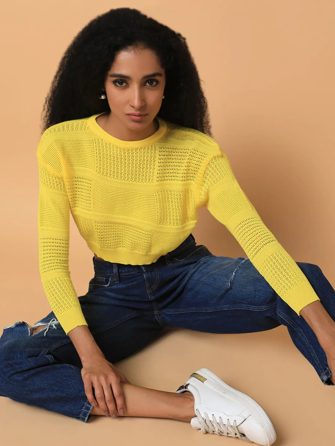 Women Solid Yellow Crochet Crop Top