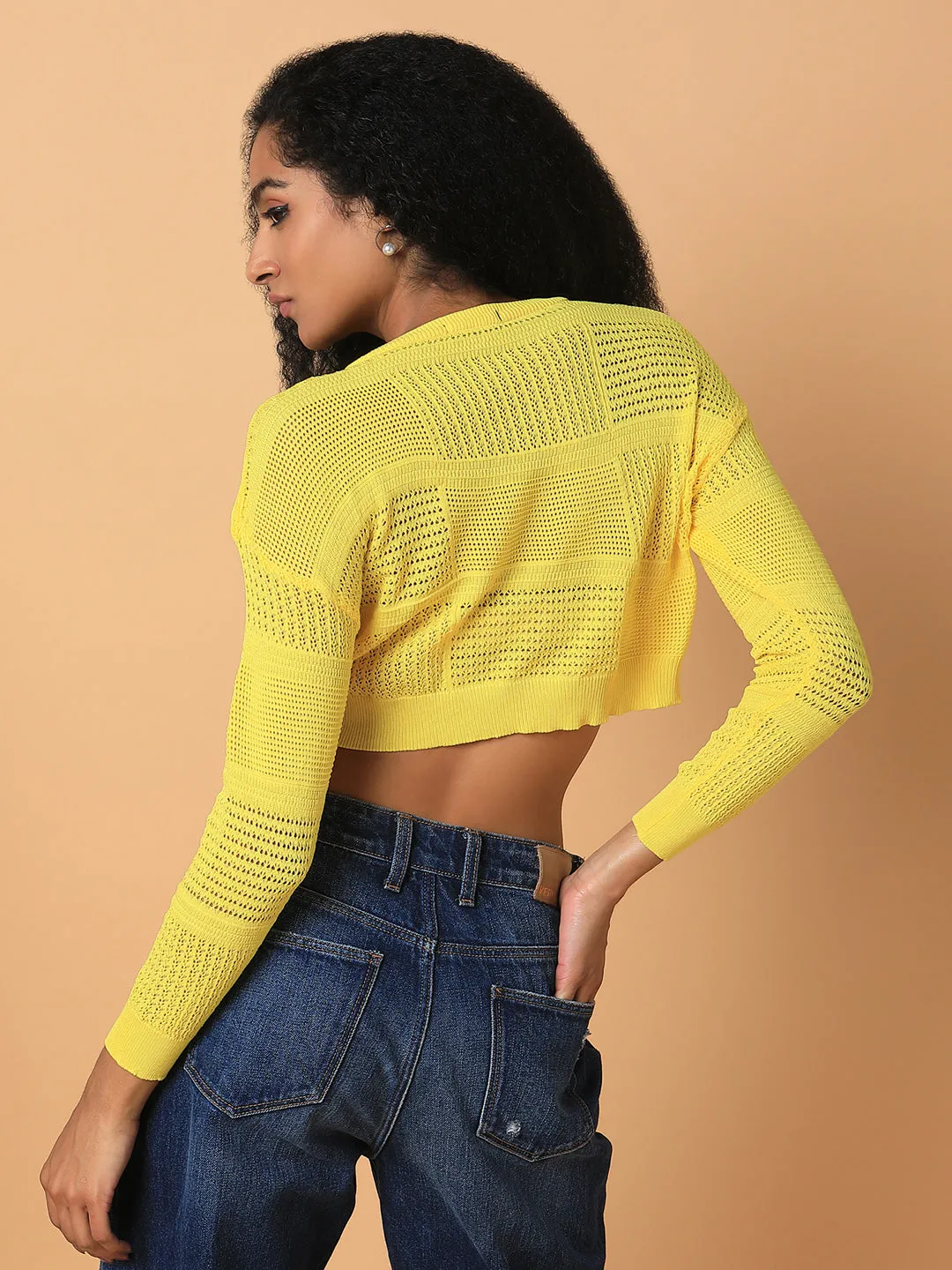 Women Solid Yellow Crochet Crop Top