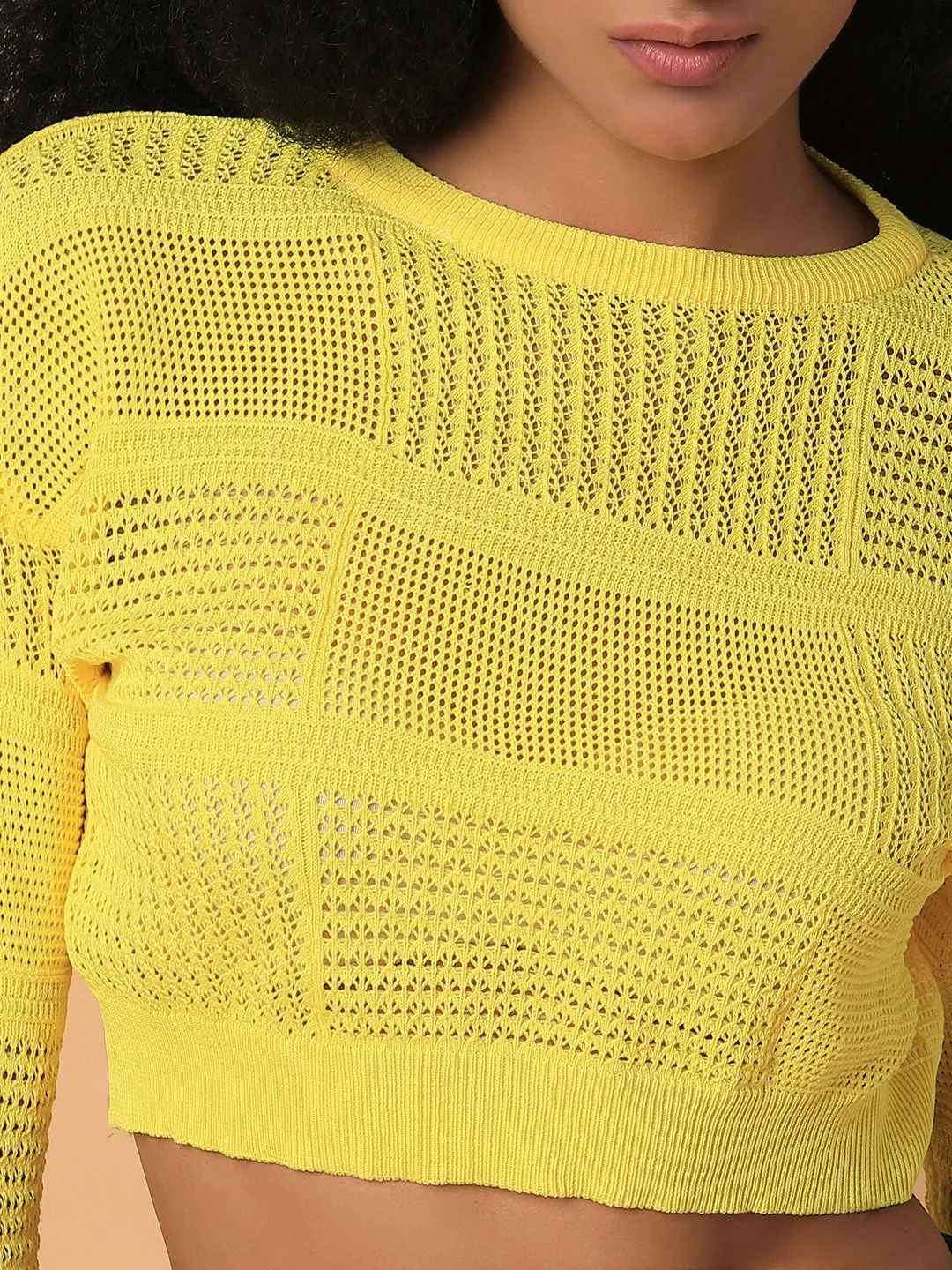 Women Solid Yellow Crochet Crop Top