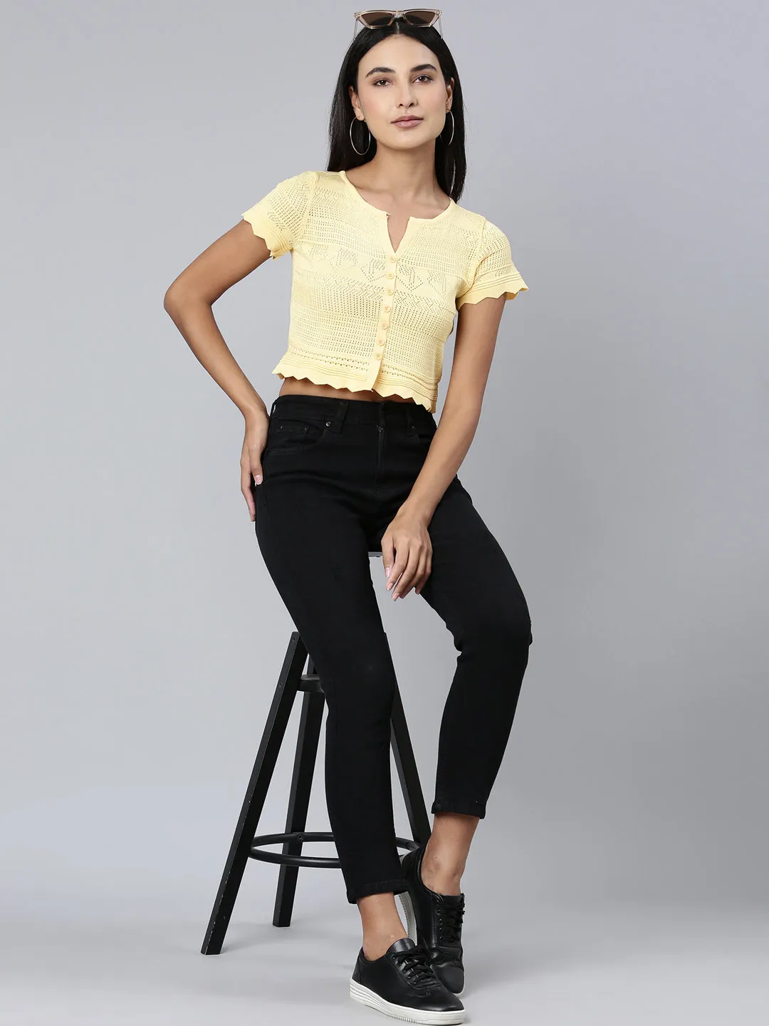 Women Yellow Textured Crop Top