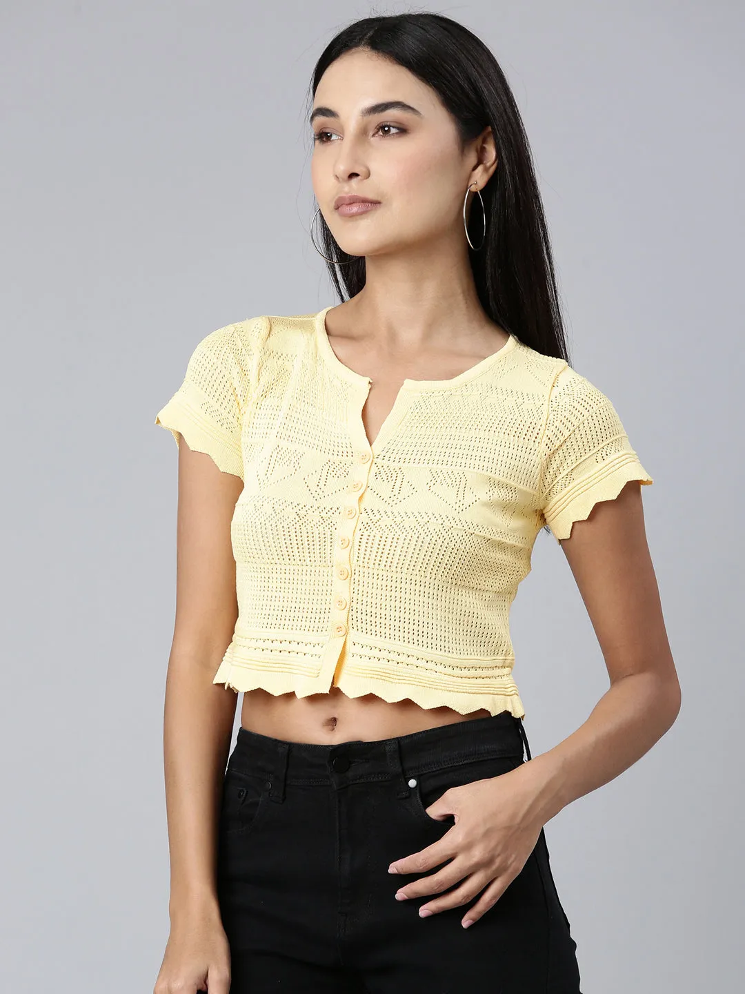 Women Yellow Textured Crop Top